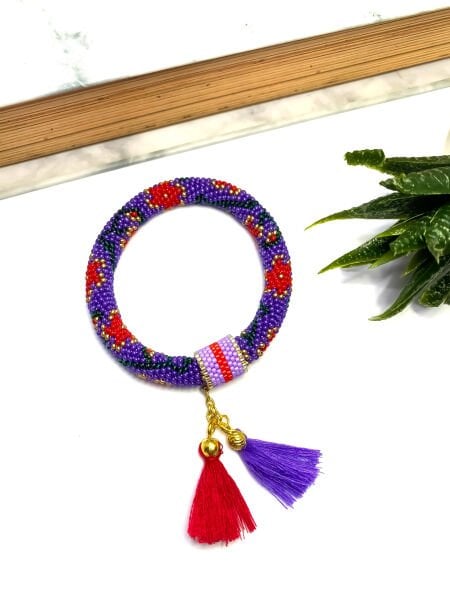 Çiçek Bohem Püsküllü Bileklik(Mor-Kırmızı)