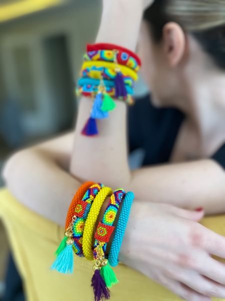 Geometrik Püsküllü Bohem Bileklik