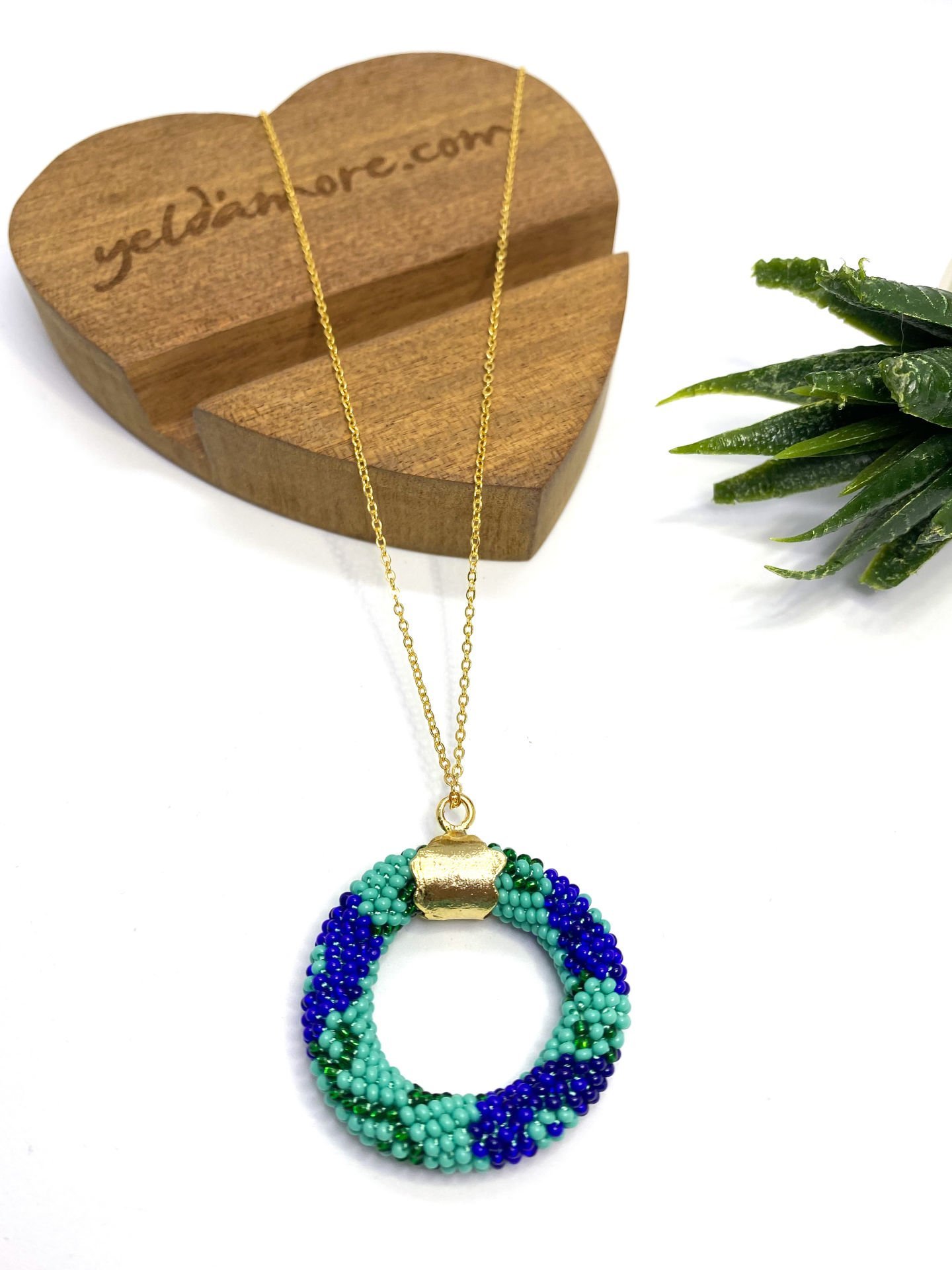 Nergis Çiçeği Uzun Zincir Bohem Kolye(Mavi)