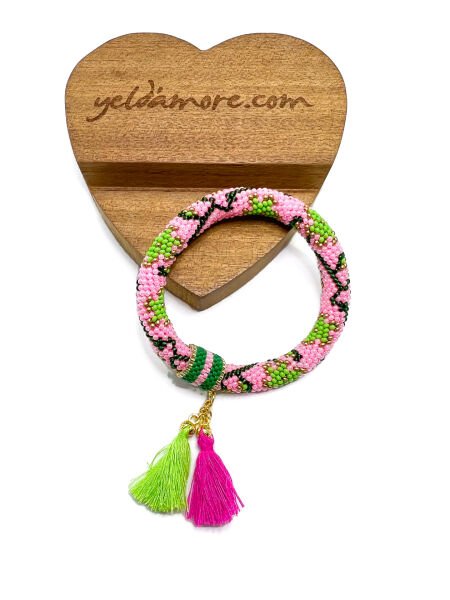 Çiçek Püsküllü Bohem Bileklik(Pembe-Yeşil)