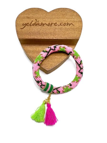 Çiçek Püsküllü Bohem Bileklik(Pembe-Yeşil)