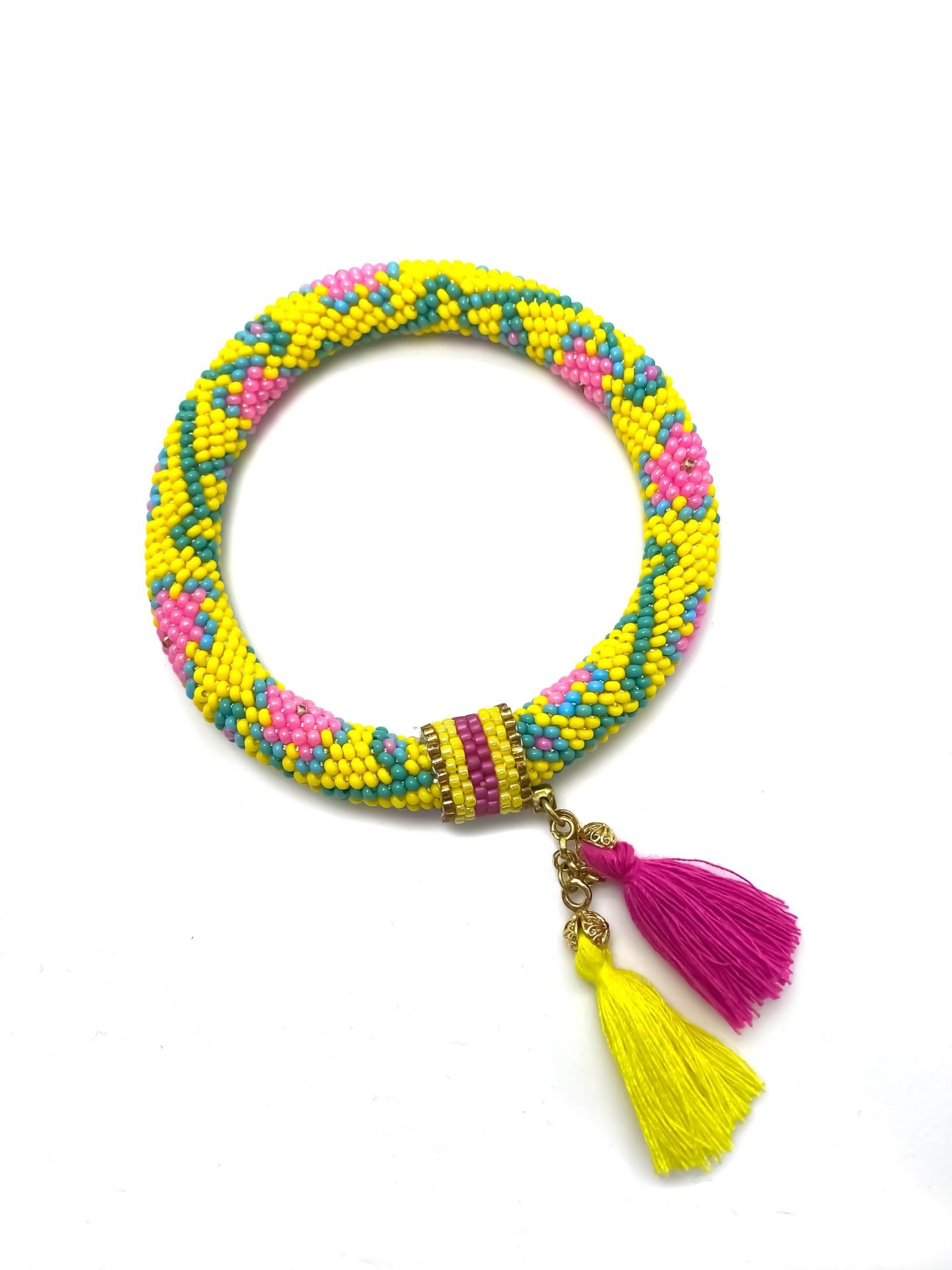 Çiçek Püsküllü Bohem Bileklik(Sarı-Pembe)