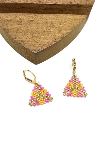Miyuki Üçgen Küpe (Pembe-Sarı)