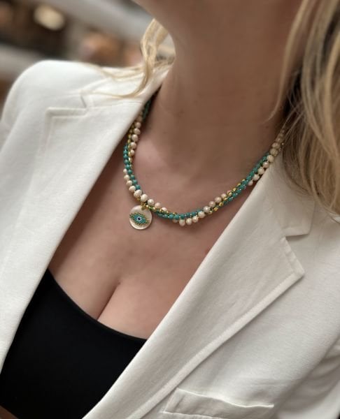 İnci Miyuki Göz Turkuaz Kolye (Altın Renk)