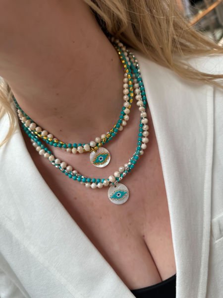 İnci Miyuki Göz Turkuaz Kolye (Altın Renk)