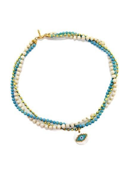 İnci Miyuki Göz Turkuaz Kolye (Altın Renk)