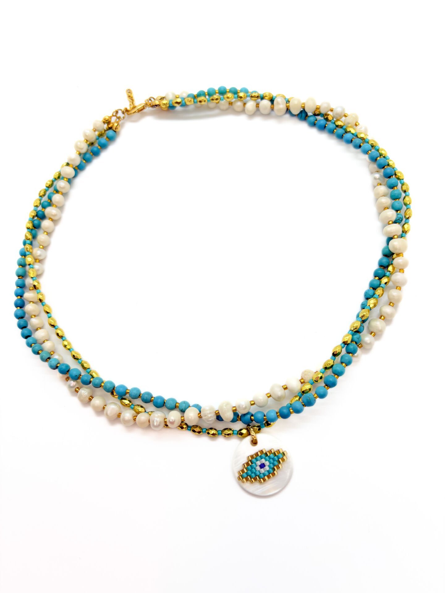 İnci Miyuki Göz Turkuaz Kolye (Altın Renk)