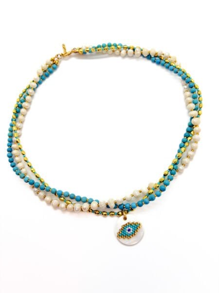 İnci Miyuki Göz Turkuaz Kolye (Altın Renk)