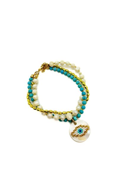İnci Miyuki Göz Turkuaz Bileklik (Altın Rengi)