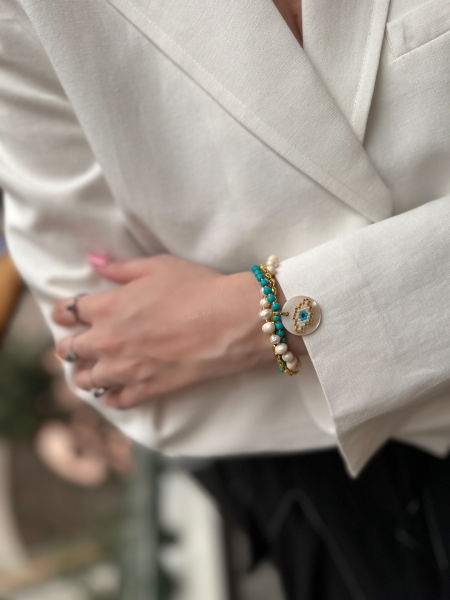 İnci Miyuki Göz Turkuaz Bileklik (Altın Rengi)