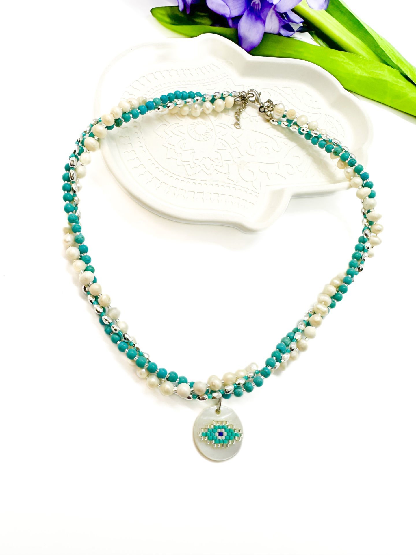 İnci Miyuki Göz Turkuaz Kolye (Gümüş Rengi)