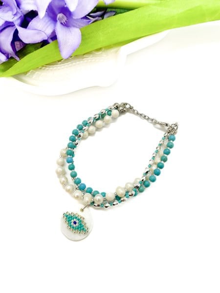 İnci Miyuki Göz Turkuaz Bileklik (Gümüş Rengi)