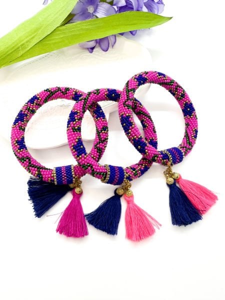 Çiçek Püsküllü Bohem Bileklik (Pembe-Lacivert)