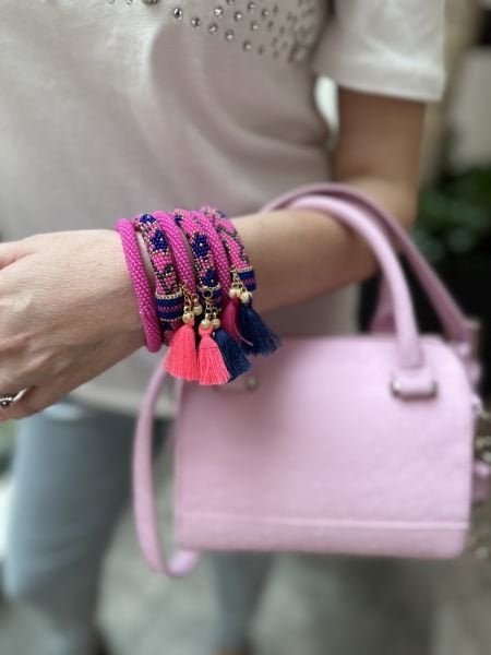 Çiçek Püsküllü Bohem Bileklik (Pembe-Lacivert)