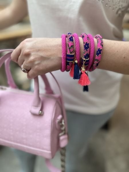 Çiçek Püsküllü Bohem Bileklik (Pembe-Lacivert)