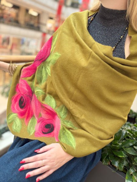 Gül Keçe Kaşmir Şal (yeşil)