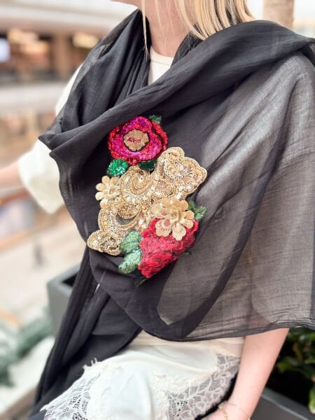 Özel Tasarım Nakış İşleme Şal (siyah)