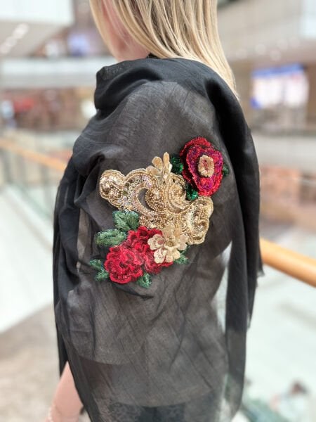 Özel Tasarım Nakış İşleme Şal (siyah)